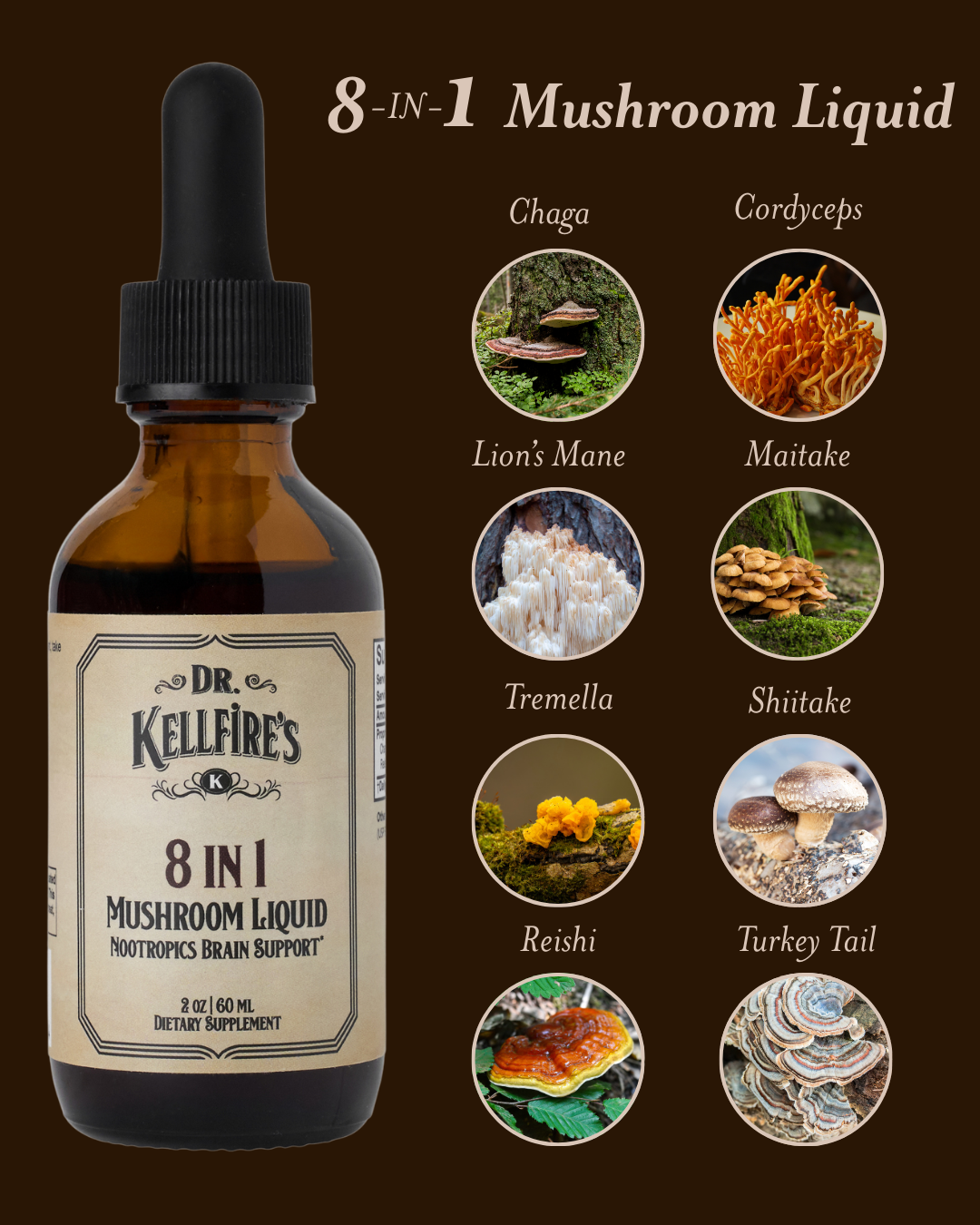 Mushroom Complex Herbal Liquid Drops - Lion's Mane - Cordyceps - 8 in 1